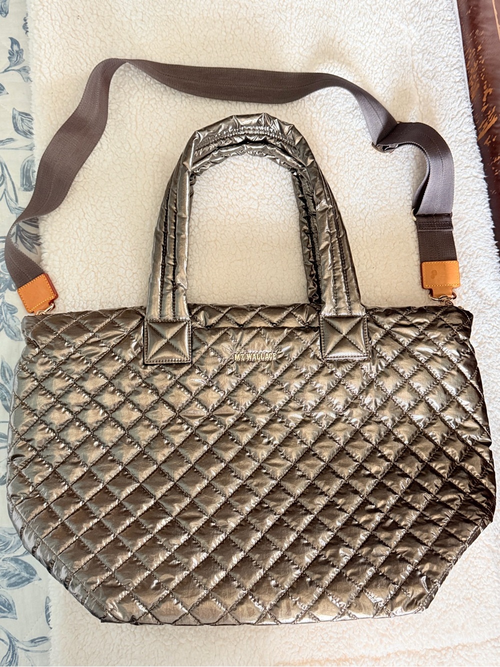MZ WALLACE Metallic Quilted Tote Bag with Shoulder Strap - Gunmetal color